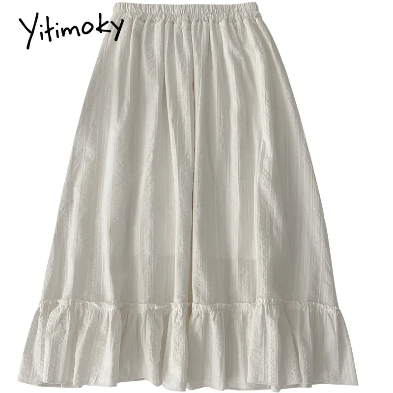 

Yitimoky Vintage Skirt Womens Harajuku Simply Casual Folds White Elastic High Waist A-Line Midi Skirts 2021 Spring Korean New