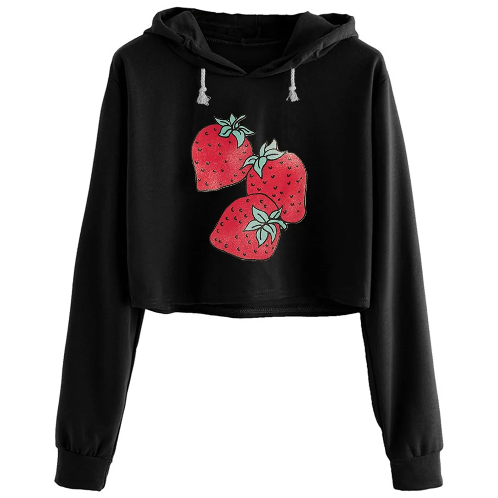 

Strawberries Crop Hoodies Women Goth Grunge Harajuku Anime Pullover For Girls