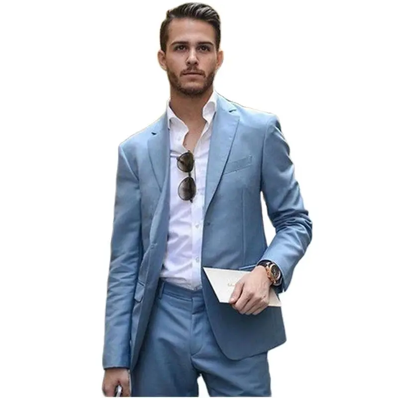 

Handsome Light Blue Man Tuxedo Fashion Cheap Wedding Suit For Men Custom Made Two Pieces Groomsman Tuxedos (Jacket+Pants)