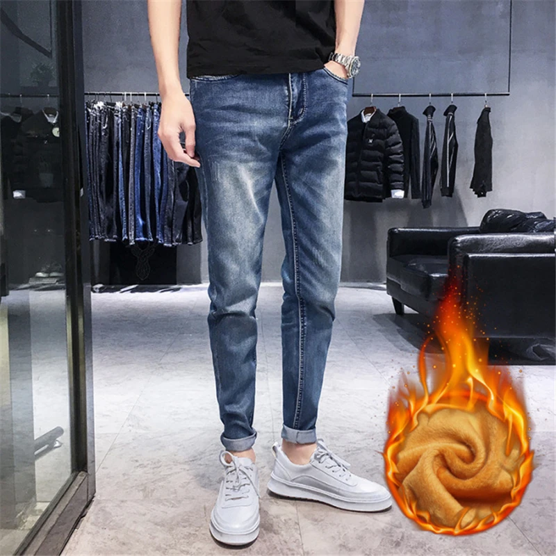 

Autumn and Winter Men's Thick Slim Jeans Plus Velvet Warm Korean Style Casual Cotton Cowboy Pants Homme Straight Denim Trousers