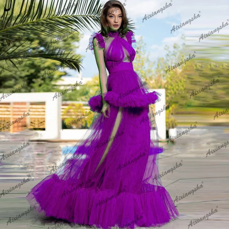

Gorgeous Puffy Evening Dress Purple Sexy Criss Tassei Pleat Prom Dresses New Design High Neck See through