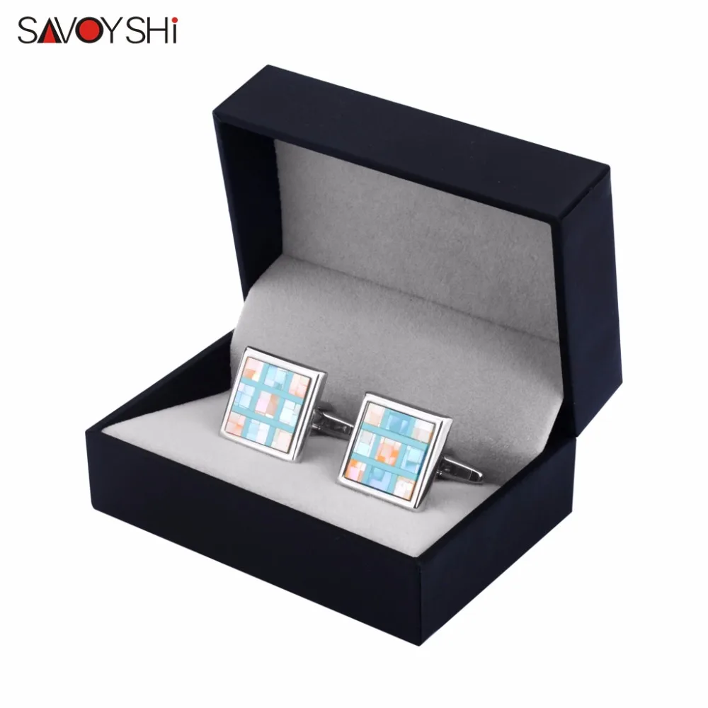 

SAVOYSHI Luxury Colored shells Grid Cufflinks for Mens Shirt Cuff button High Quality Brand Square Cuff link Wedding Gift Jewelry