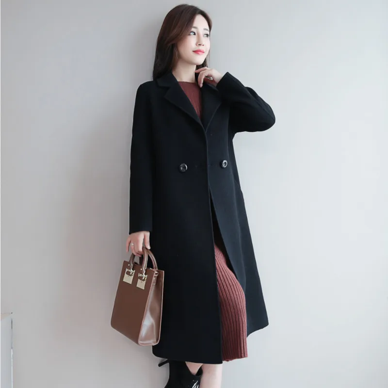 Women Woolen Coat Autumn Winter New Double-breasted Long Sleeve Loose Coats Turn-Down Collar Outwear Plus Size S~3XL