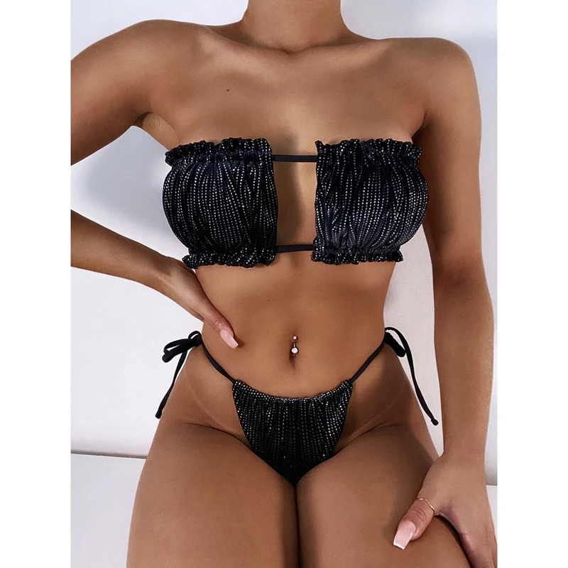 

Women's 2-Piece Sexy Pleated Hollow Bikini Black