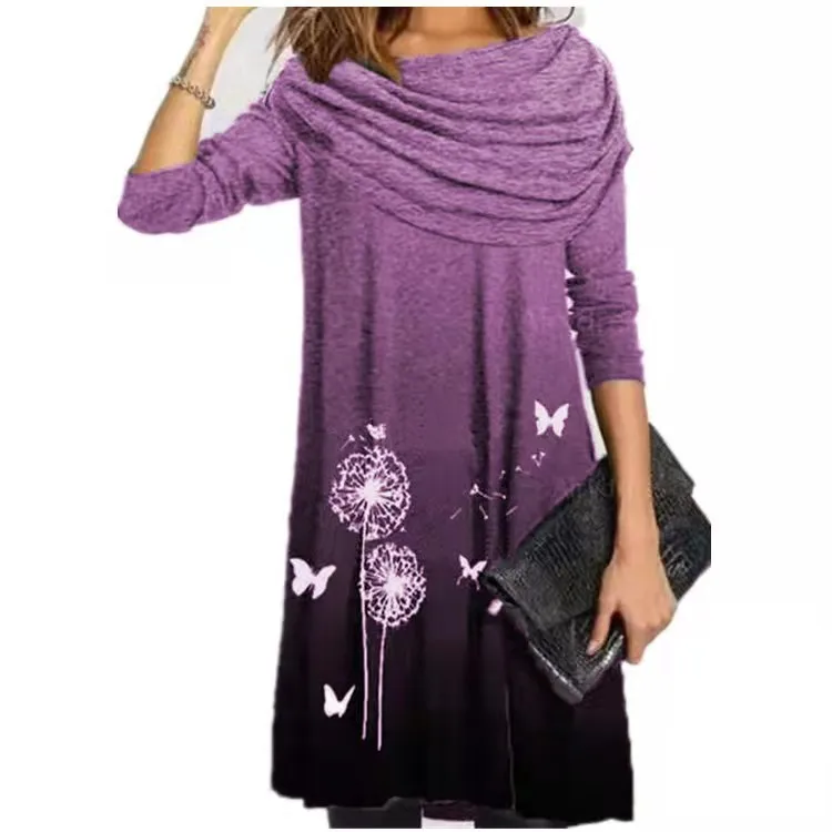 

Mandylandy Spring Autumn Printed Loose T-shirt Women's Casual Long Sleeve O-Neck Single-Breasted Pleated Pullover T-shirt