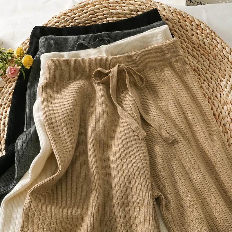 

Брюки женские с завышенной талией, свободные трикотажные прямые штаны с широкими штанинами, на шнуровке, с эластичным поясом, в стиле ретро, ...