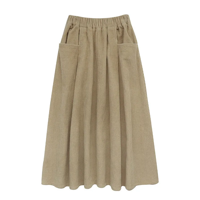 

Winter Warm Corduroy Vintage Elastic High Waist Long Skirt Women pocket pleated skirt Korean Fashion Loose Midi Skirt Femme