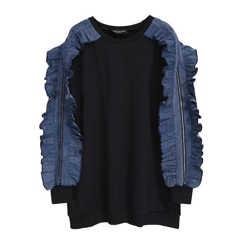 

Ins Fashion Women's Sweatshirt Round Neck Pullover Pathwork Denim Ruffles Loose Lace Women's Sweatshirt Oversized Hoodie