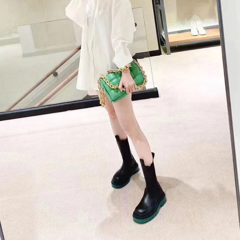 Color Matching Women's Boots 2021 New Spring/Summer Thin Platform Chelsea Boots Flat Mid-Calf Smoke Pipe Boots for Women