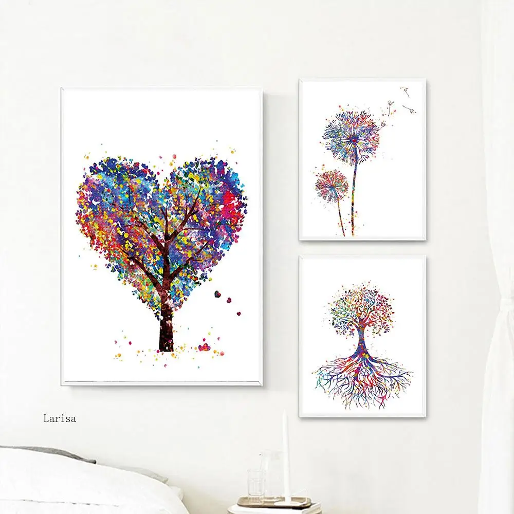 

Nordic Watercolor Canvas Painting Plant Colorful Heart Trees Wall Art Poster Decoration Picture for Living Room Home No Frame