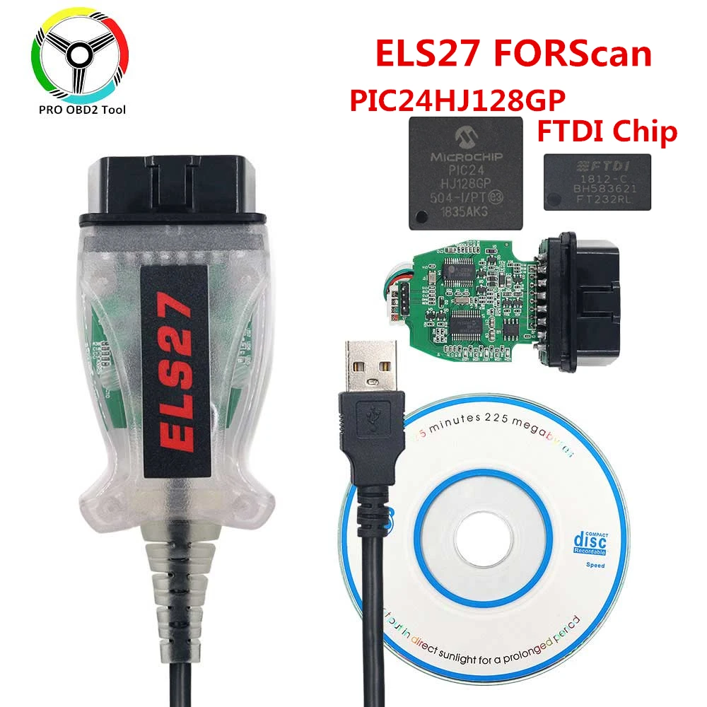 Free Shipping ELS27 FORScan OBD2 Scanner Car Diagnostic Auto Tool Cable Green PCB ELS27 V2.3.8 FTDI PIC18F25K80 Multi-Language