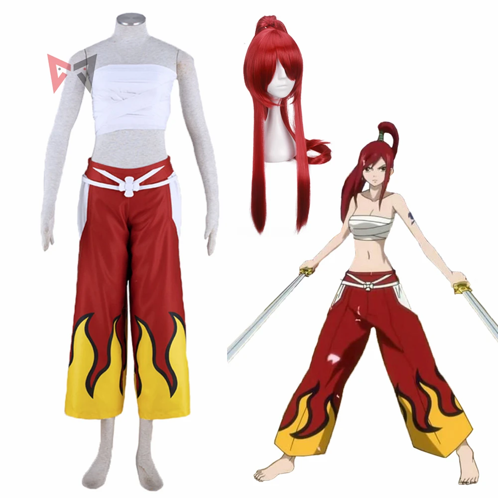 Anime Fairy Tail Erza Scarlet Cosplay Costume Brand Suit Wide Leg Pants Wig For Kids Femal Girl Plus Size