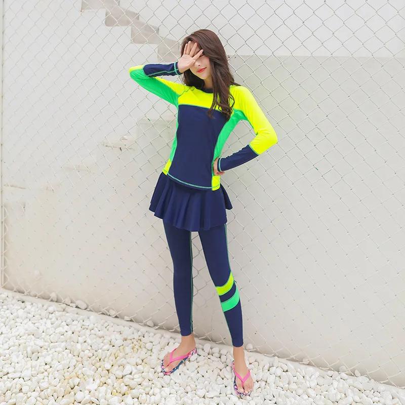 Plus Size Rash Guard Women Bathing Suits Swimsuit With Skirt Swimming Short Pants Surf Swimwear Rashguard Long Sleeve | Спорт и