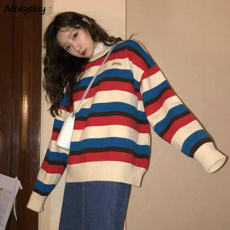 

Sweaters Women Harajuku Striped Lazy Soft Korean Chic Lady Streetwear All-match Basic Long Sleeve Autumn Winter Womens Knitwear