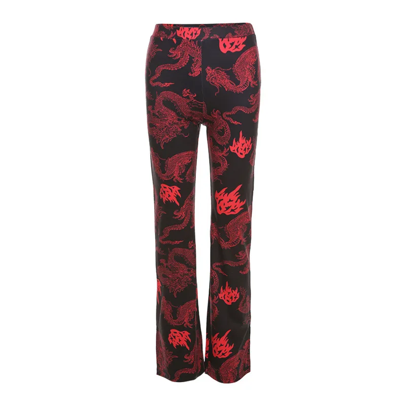

QuanRun 1 Piece Sexy Women High Waist Digital Print Split Straight Pants Casual Trousers Streetwear 2021 Spring Summer