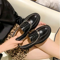 british style spring shoes for women punk chain genuine leather thick bottom ladies loafers wedge high heels platform single