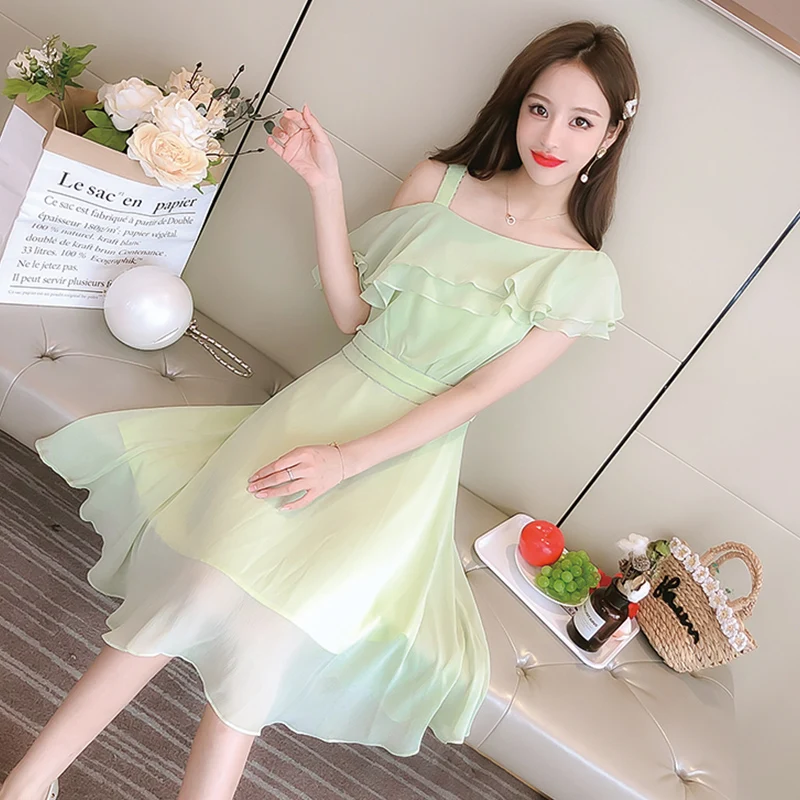 

COIGARSAM Chiffon Women dress New Summer Dresses Green 82018
