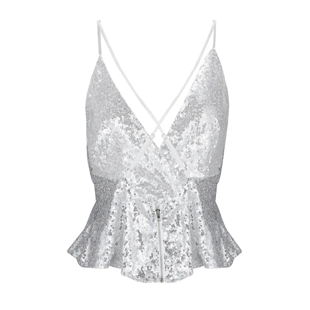 Женский топ с блестками и V образным вырезом без рукавов|Майки| |