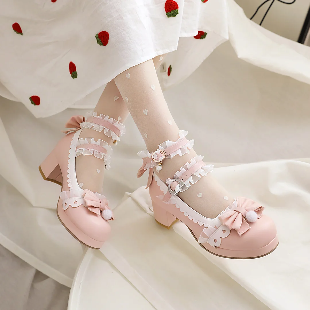 

Lolita Shoes Retro Cute Lace Bow High Heel Waterproof Platform Mary Jane Shallow Shoes Princess Kawaii Wedding Role-Playing