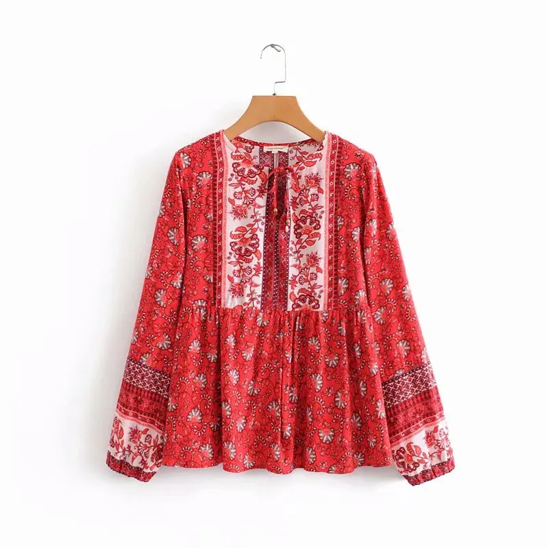 Boho Chic Женские топы, винтажные свободные блузки с цветочным принтом, женские пляжные рубашки с круглым вырезом и длинным рукавом, Blusas Mujer