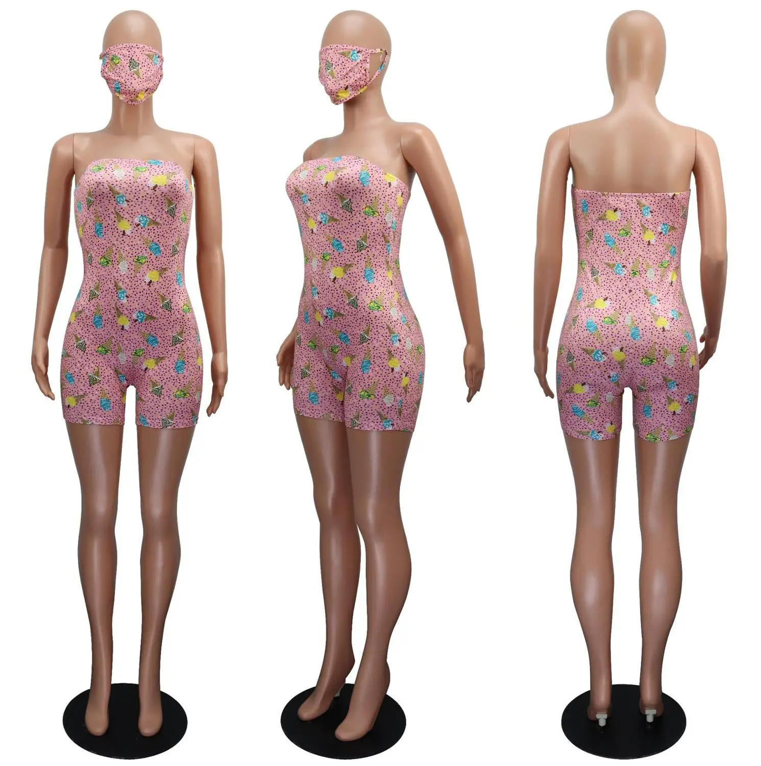 

New casual sexy fit cartoon printing one-piece pants summer off shoulder sleeveless women's bra shorts and mask two-piece set