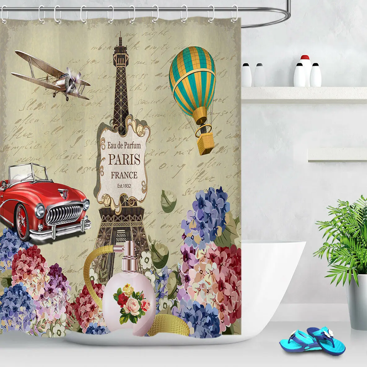 

Bathroom Decor Shower Curtain Waterproof Fabric Hooks Romantic Paris Retro Car