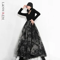lanmrem 2022 black a line fashional floral print black high waist mid calf autumn new slimming loose skirt for female 2a1158