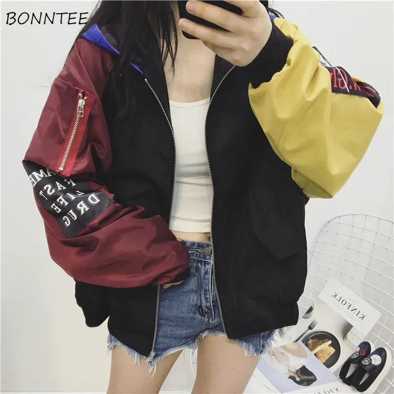 

Jackets Women Spring Autumn Chic Harajuku Korean Patchwork Loose Teens Outwear with Hat Simple Casual Pocket Woman Coats Newest