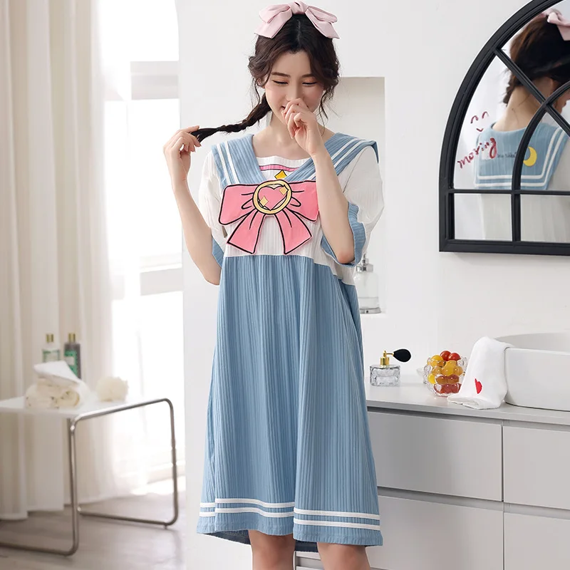 

Night Dress Women Sleepwear Short-sleeved Summer Cotton Double-sided Strip Beautiful Girl One-piece Dress Pyjama Pour Femme