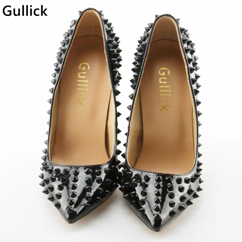 Черные туфли лодочки с заклепками на высоком каблуке 12 см острым носком без