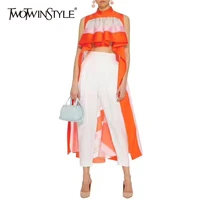 twotwinstyle streetwear striped asymmetrical blouse women stand collar sleeveless ruffles female clothes summer 2020 fashion new