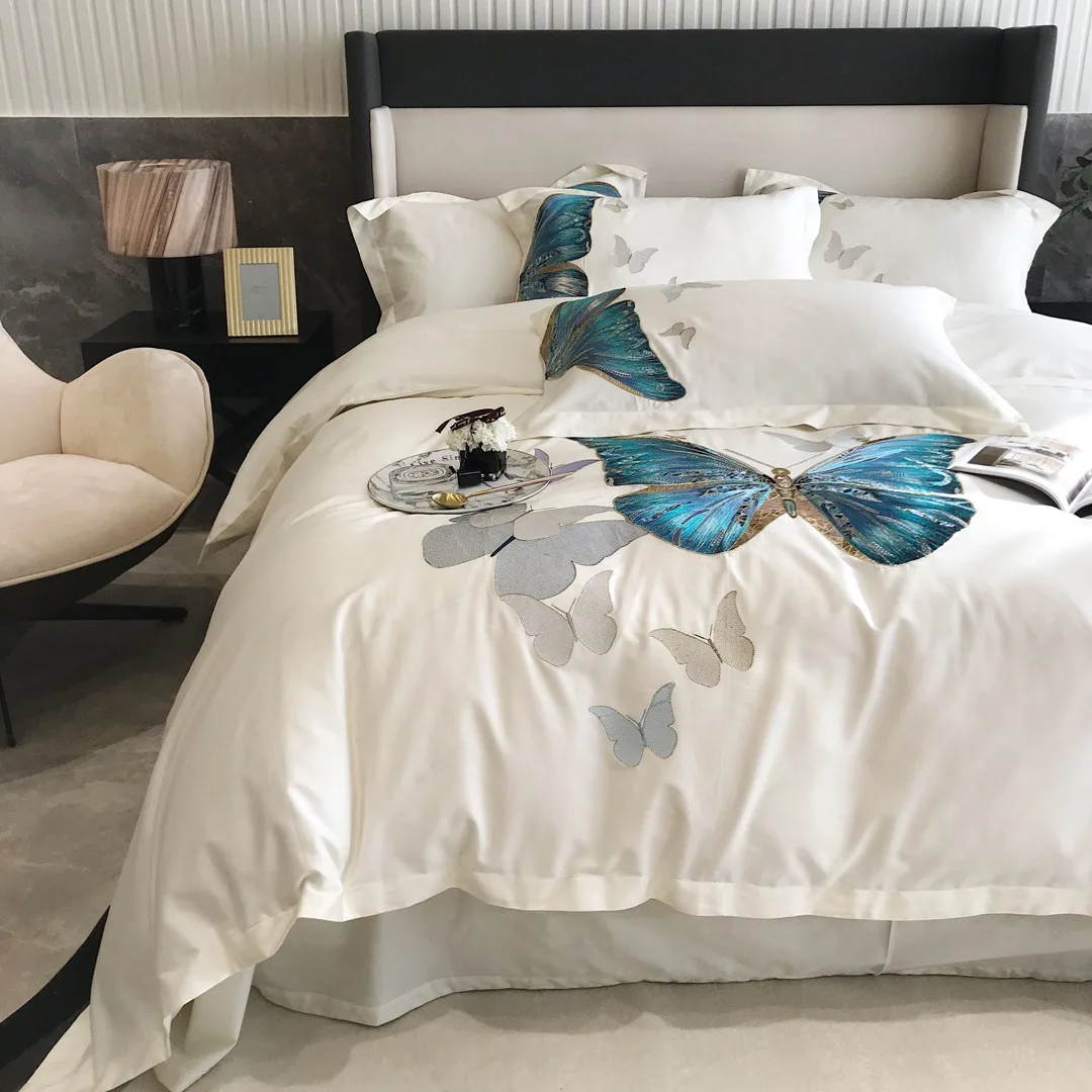 

Комплект постельного белья принцессы с вышивкой и бабочками, роскошный комплект постельного белья из египетского хлопка, постельное белье