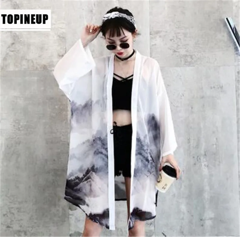 Landscape Print kimino Blouses Sunscreen Harajuku Summer women Tops and blouses plus size Chiffon Cardigans