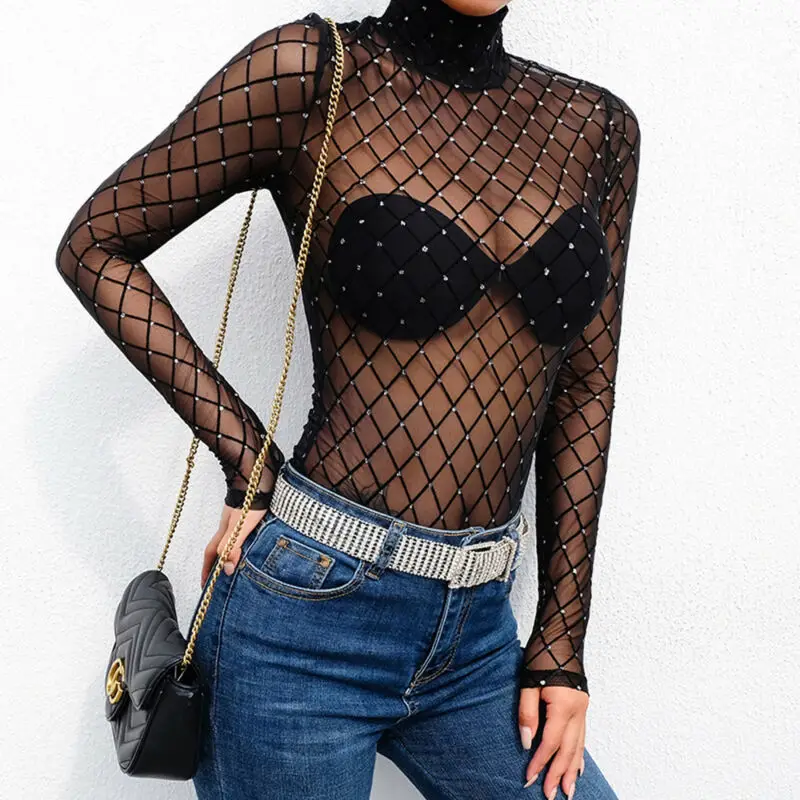 Новинки для женщин органди сетка кружевной комбинезон с длинным рукавом топ