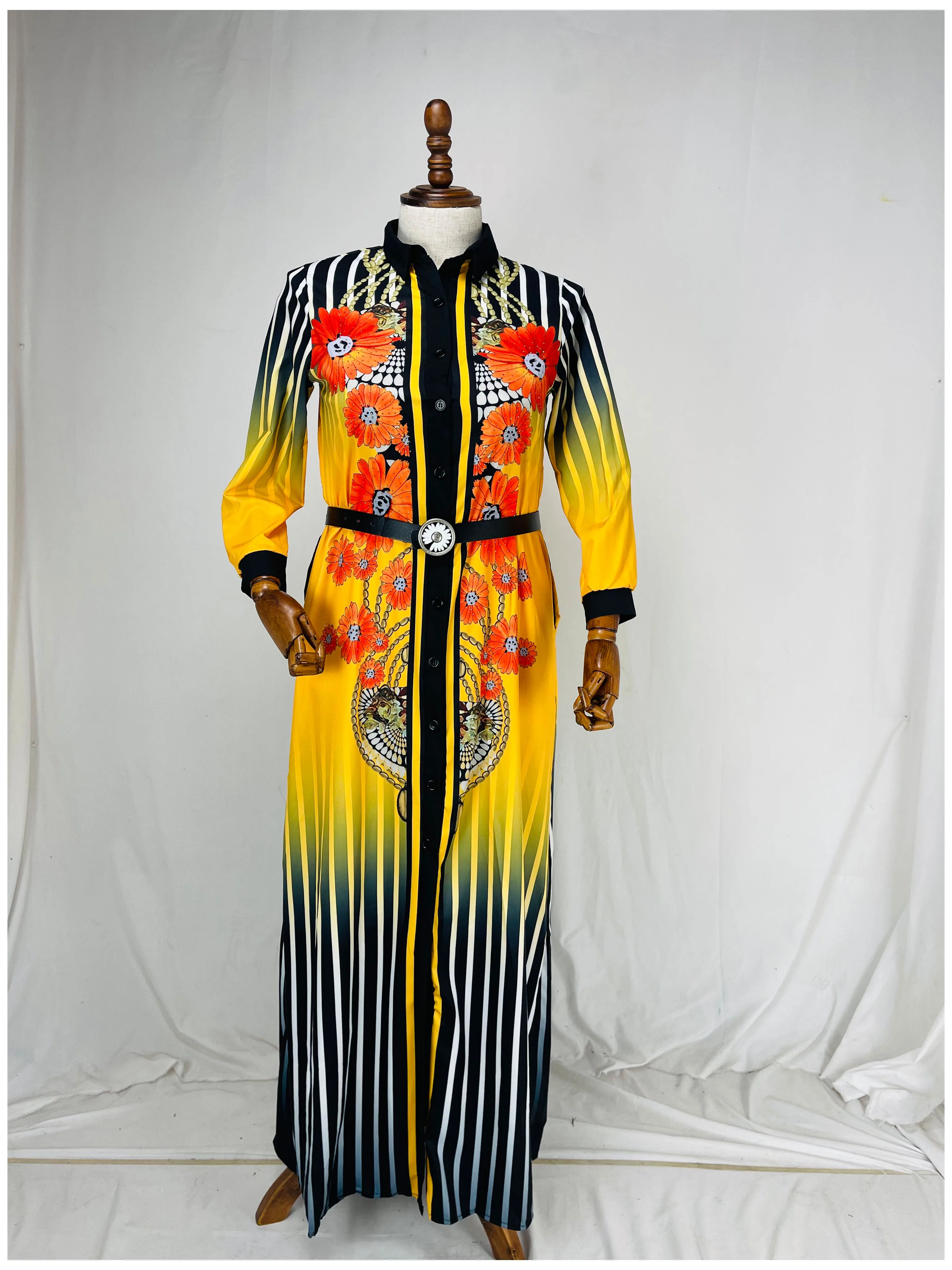 Новое модное платье традиционного стиля Дашики с черным поясом и воротником на пуговицах из африканского шифона с бриллиантами для женщин (CPXF08).