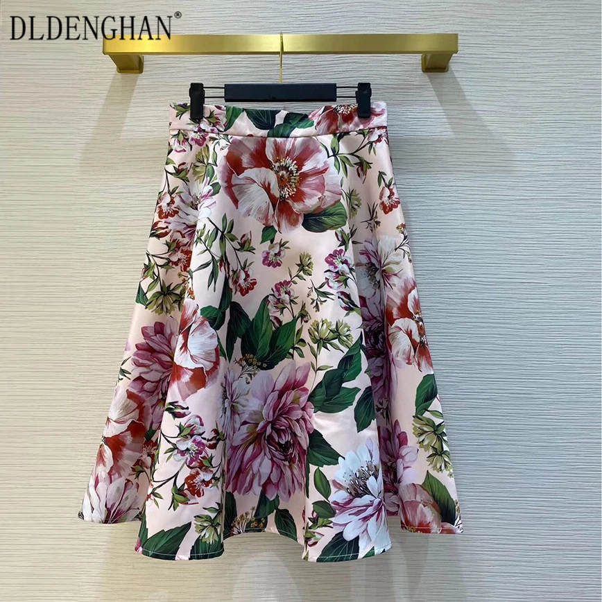 

DLDENGHAN Fashion Floral Print sets Beading Short Sleeve T-shirt Tops+ High waist skirt Two piece set Designer Summer New