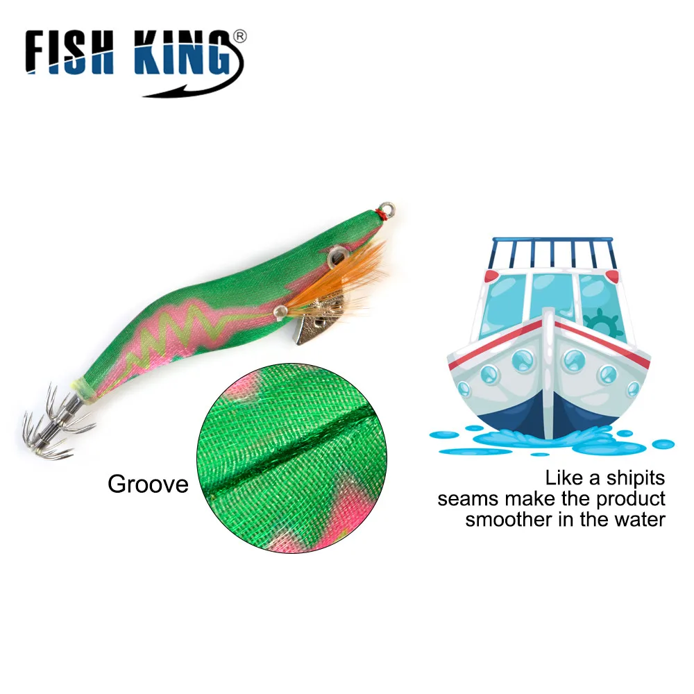 

FISH KING Fishing Lure Squid Hook Luminous Wobblers Jigs Octopus Wood Shrim Cuttlefish Baits 3D Eyes For Winter Fishing