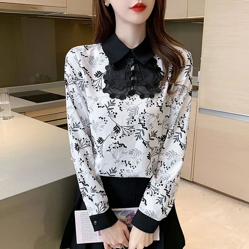 

Chiffon Print Women's Blouse Loose Polo Lace Girl's Shirt Spring Autumn Casual Fashion Long Sleeve Top Lady Blusas Houthion