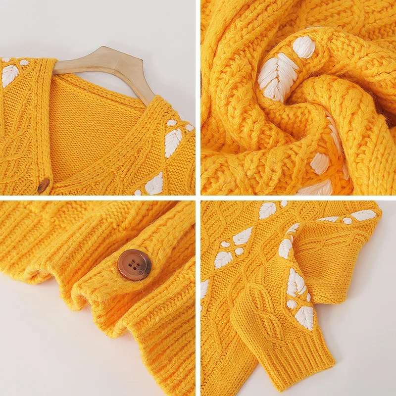 

Yellow Plaid Cardigan Spring Autumn Winter Loose Thick Twist Sweaters Women Tops V-neck Long Sleeve Casual Outerwear TA1317