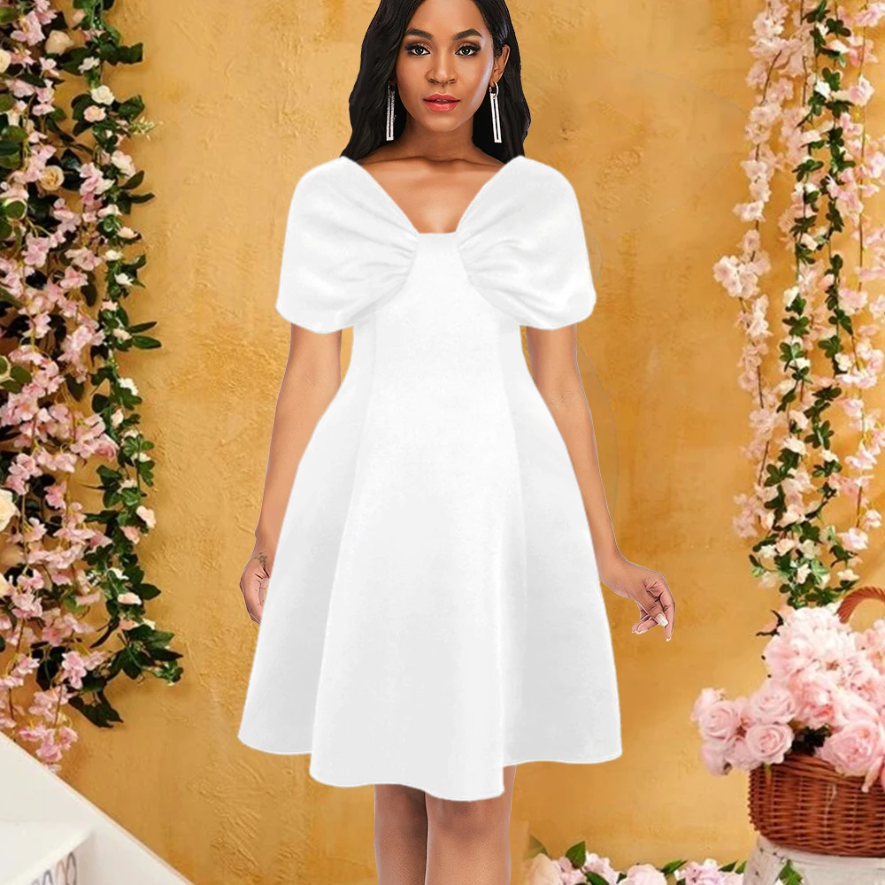 

Sexy V Neck Short Sleeve Backless A Line Dress Black White Bow Party Dresses Women Evening Elegant Prom Gowns Casual Loose Dress