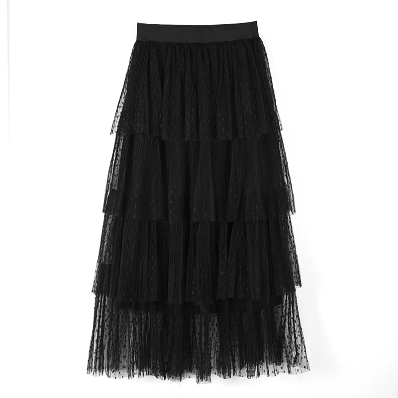 

Zoki New 2021 Spring Women Mesh Skirt Elegant Chic Black Elastic High Waist A Line Long Skirt Summer Fashion Korean Lady Faldas
