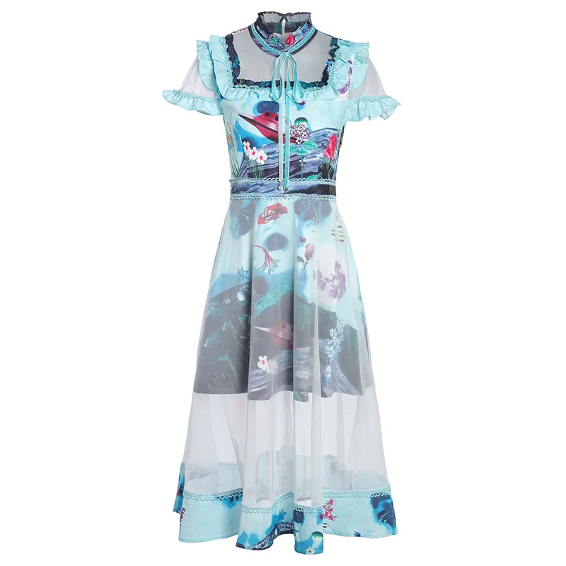

Seifrmann Women Summer Fashion RunwayMidi Dress Flare Sleeve Bow Ruffles Floral Print Ladies Party Mesh A-Line Dresses vestidos