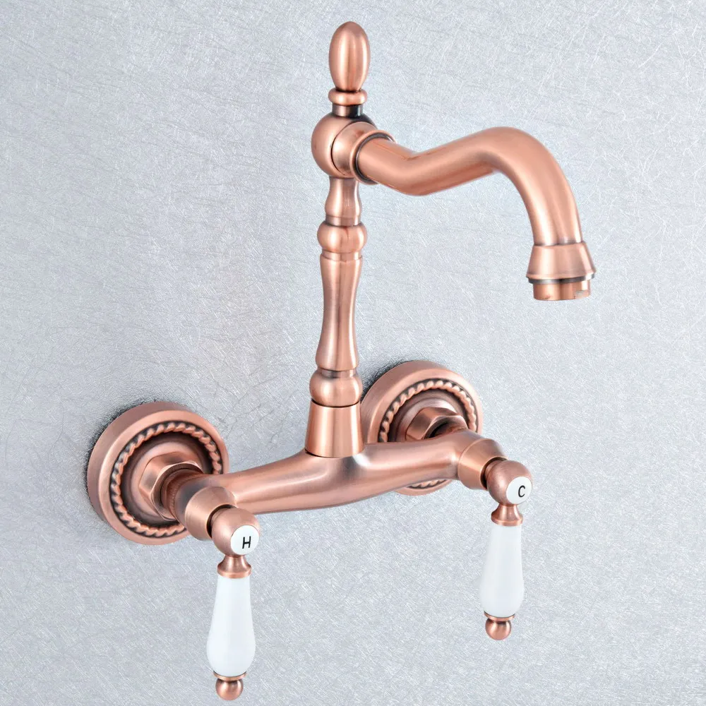 

Antique Red Copper 2 Ceramic Handle Two Hole Wall Kitchen Bathroom Basin Faucet Sink Cold Hot Mixer Tap Swivel Spout 360' dsf885