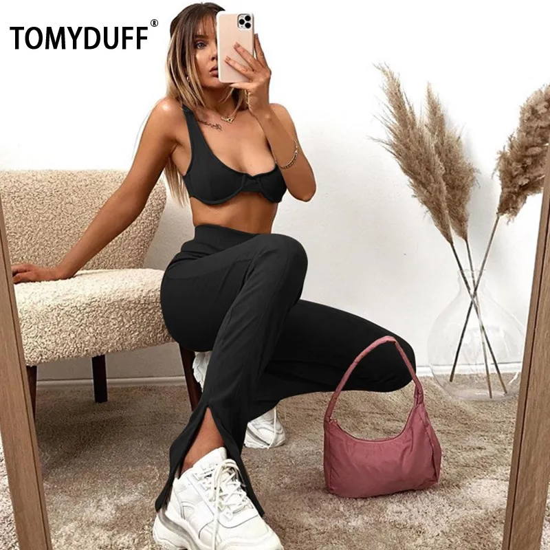 

TOMYDUFF Women Two Pieces Sport Set For Gym Sleeveless Summer Autumn Clothing Sexy Bra Top Long Pants Bodycon Tracksuit Solid