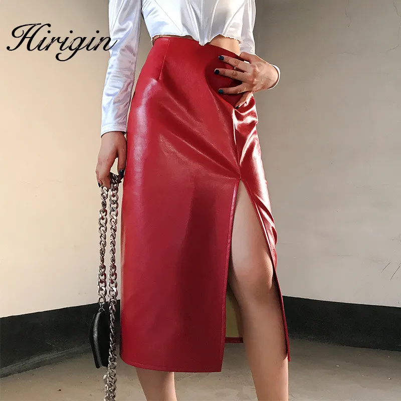 Женская юбка из ПУ кожи красная облегающая средней длины на молнии с высокой