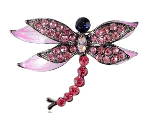 Womens Fashion Rose Pink Pearlescent Enamel Crystal Rhinestones Dragonfly Brooch Pin