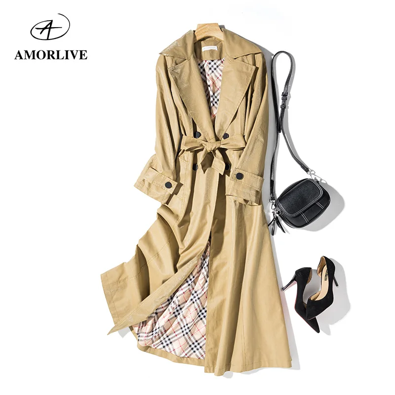 AMOR LIVE Super Long Trench Coat With Belt Waterproof Windproof Drawstring Waist Casual Female Windbreaker Elegant | Женская одежда