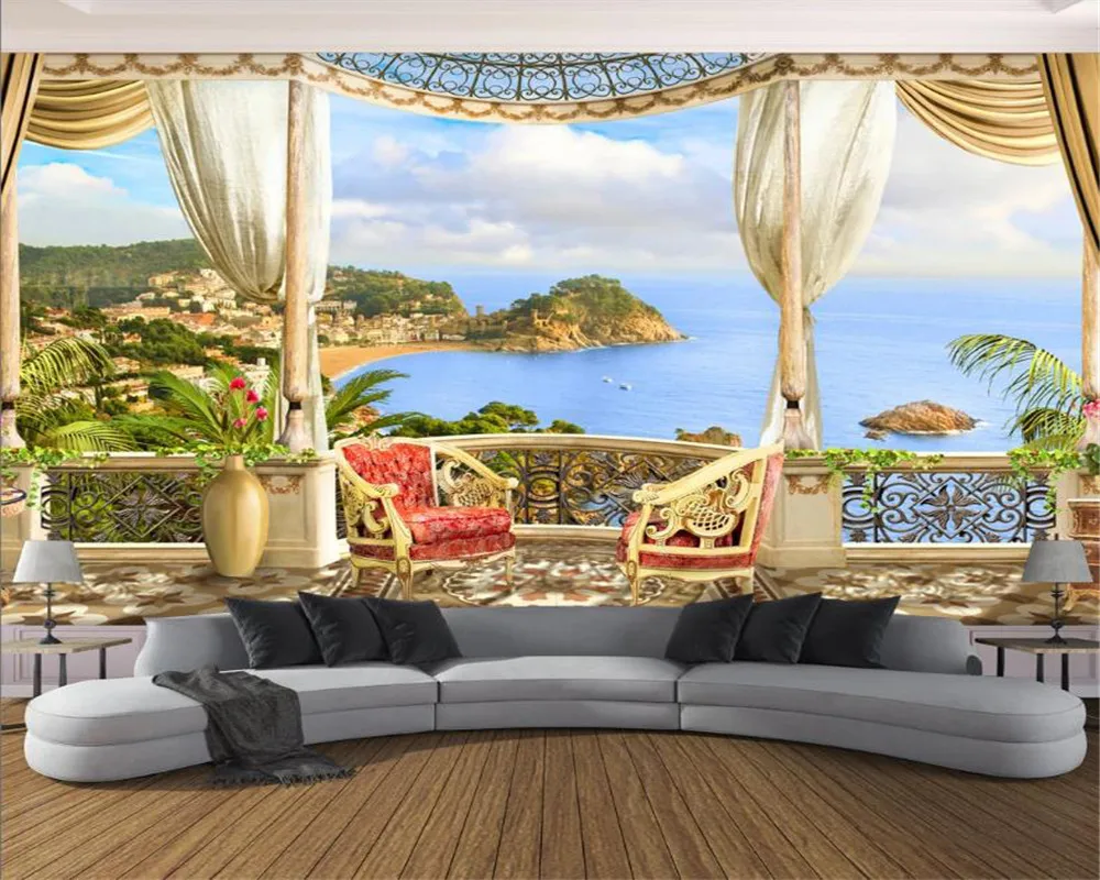 Пользовательские 3d обои морской пейзаж европейский стиль балкон остров море вид