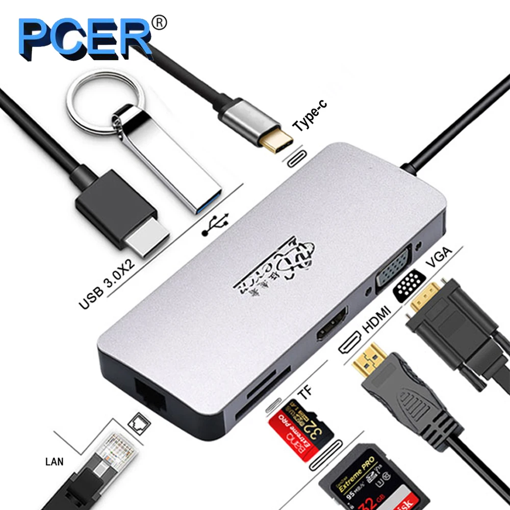 

PCER USB Type C HUB To USB3.0 HDMI VGA RJ45 Gigabit Ethernet SD/TF PD charge Adapter USB C docking station type c hub converter