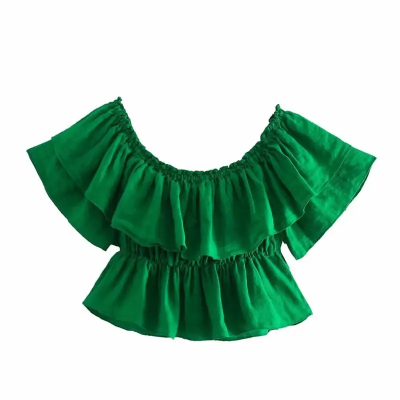 

ZA Summer Women Ruffles Shirts Tops 2021 Soft Solid Bow Blouse Thin Slash Neck Short Sleeve Elegant Girl Mini Outfits